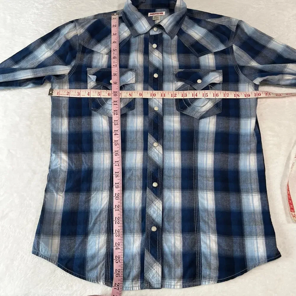 True Religion Blue plaid pearl snap western button down shirt men’s size Medium